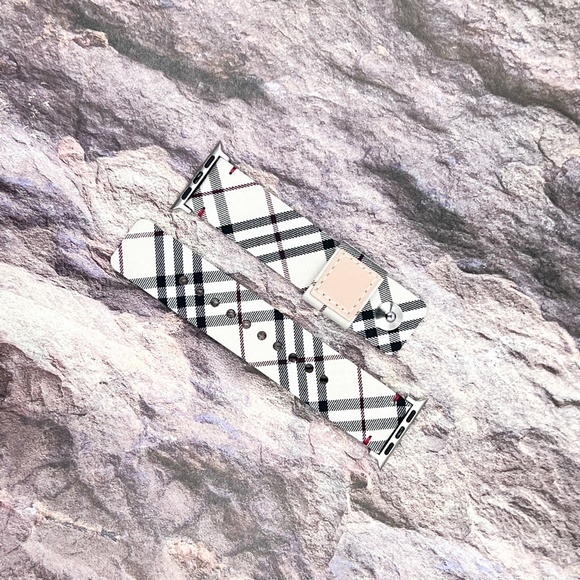 Plaid Checker Apple Watch Band, Leather Band Strap White 38/40/41/42/44/45 mm SE - Picture 7 of 9